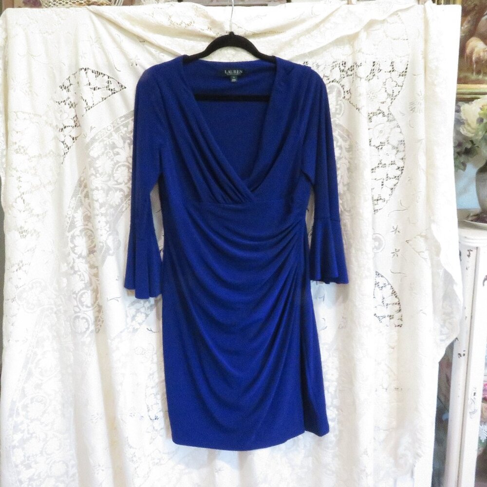 Gorgeous Ralph Lauren Dark Purple Eggplant Faux Wrap Flair Sleeve Midi Dress 14